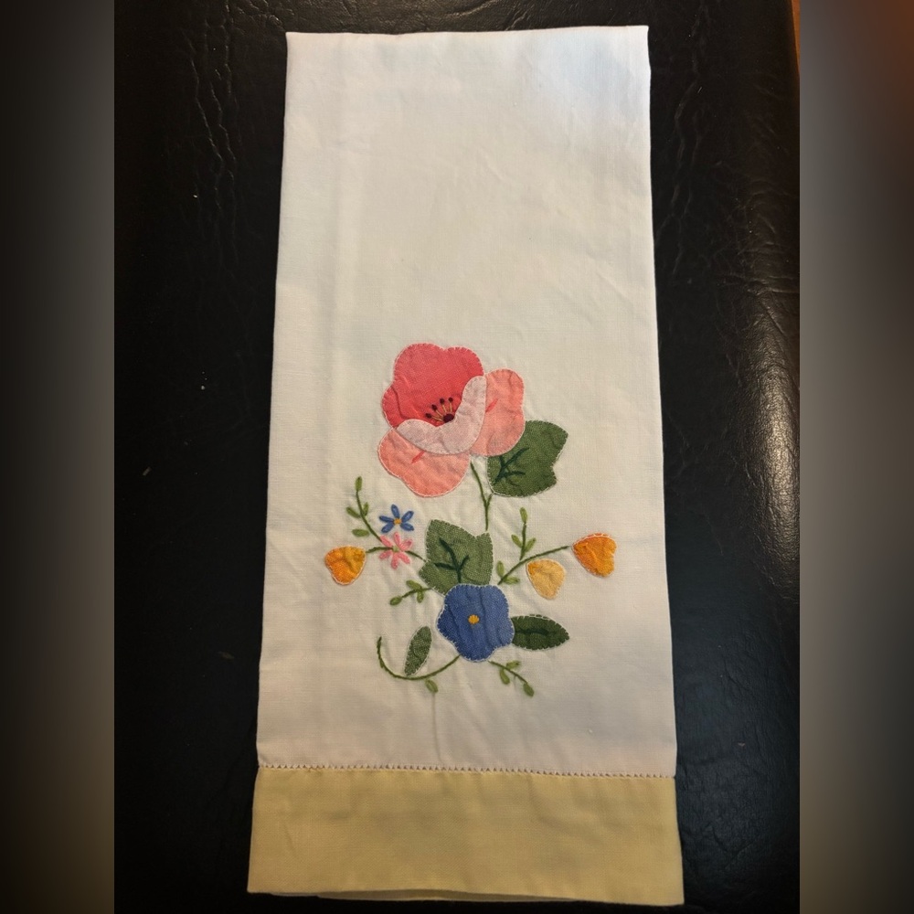 Set of 5 Embroidered Floral Linen Hand Towel - Pink, Blue, Yellow - springtime